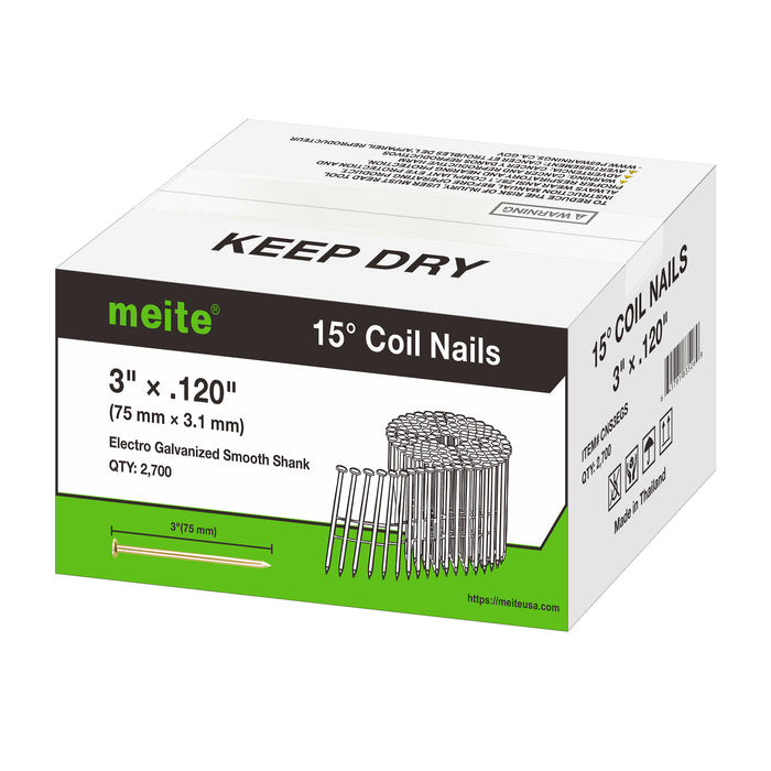 Meite USA 3 inch length smooth shank coil siding nails box displayed on a white background
