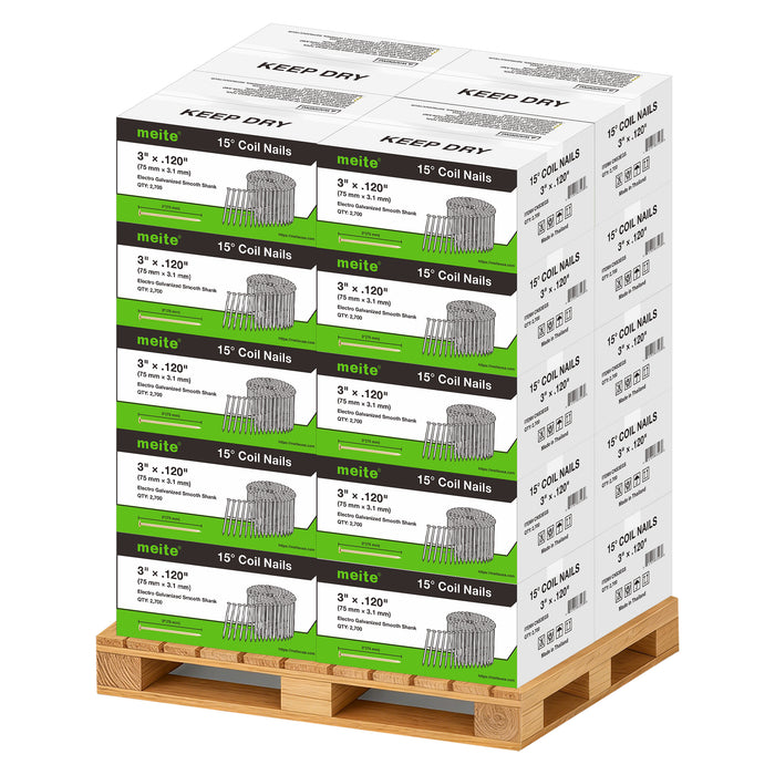 Meite USA 3 inch length smooth shank coil siding nails, a full pallet with 20 boxes at 2700 pieces per box, displayed on a white background