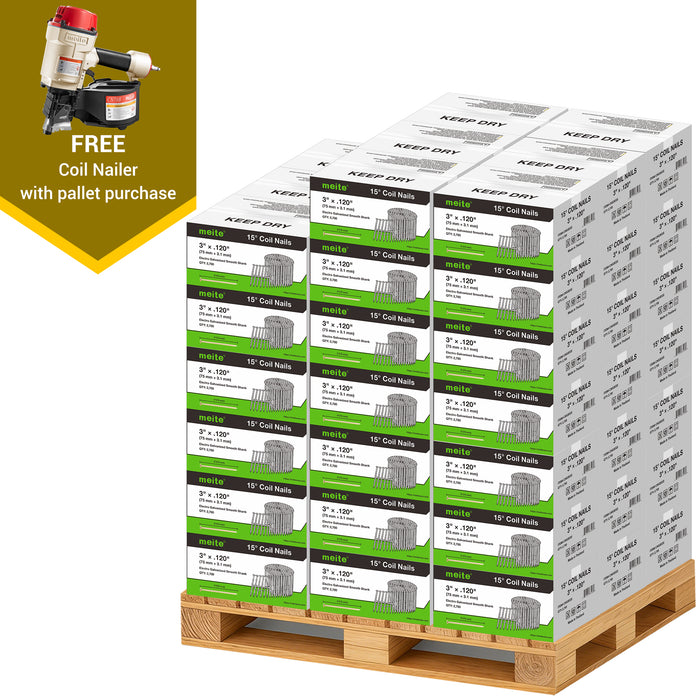 Meite USA 3 inch length smooth shank coil siding nails, a full pallet with 60 boxes at 2700 pieces per box, displayed with included coil siding nailer on a white background