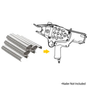 Meite USA 14 gauge 2-1/4" crown 304 stainless steel hog rings and compatible hog ringer in sketch on a white background