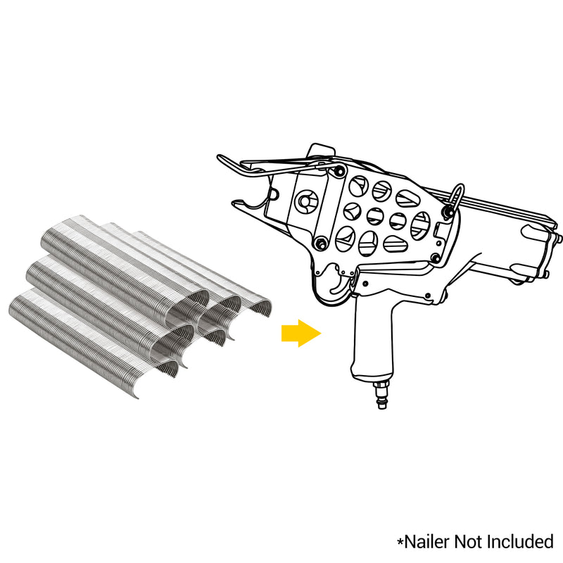Meite USA 14 gauge 2-1/4" crown 304 stainless steel hog rings and compatible hog ringer in sketch on a white background