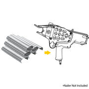 Meite USA 14 gauge 2-1/4" crown hog rings and compatible hog ringer in sketch on a white background
