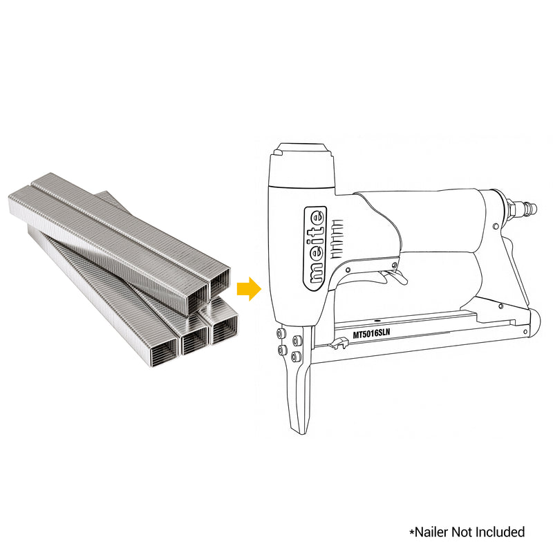 meite USA 20Ga 1/2" Crown 304 Stainless Steel Fine Wire Staples with a compatible stapler line drawing on a white background