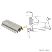 meite USA 21Ga 1/2" Crown 304 Stainless Steel Fine Wire Staples with a compatible stapler line drawing on a white background