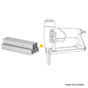 meite USA 21Ga 1/2" Crown galvanzied Fine Wire Staples with a compatible stapler line drawing on a white background