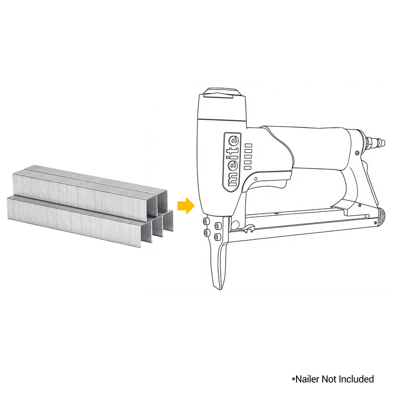 meite USA 21Ga 1/2" Crown galvanzied Fine Wire Staples with a compatible stapler line drawing on a white background