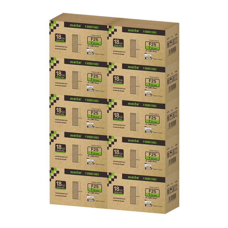 Meite USA 18 gauge 1 inch length brad nails, 10 cases at 20 boxes per case, displayed on a white background