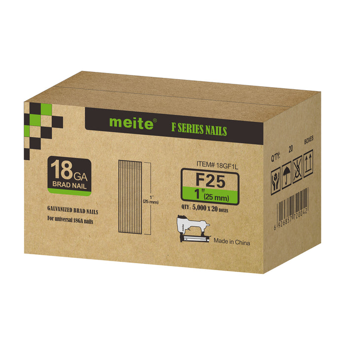 Meite USA 18 gauge 1 inch length brad nails case at 20 box per case displayed on a white background