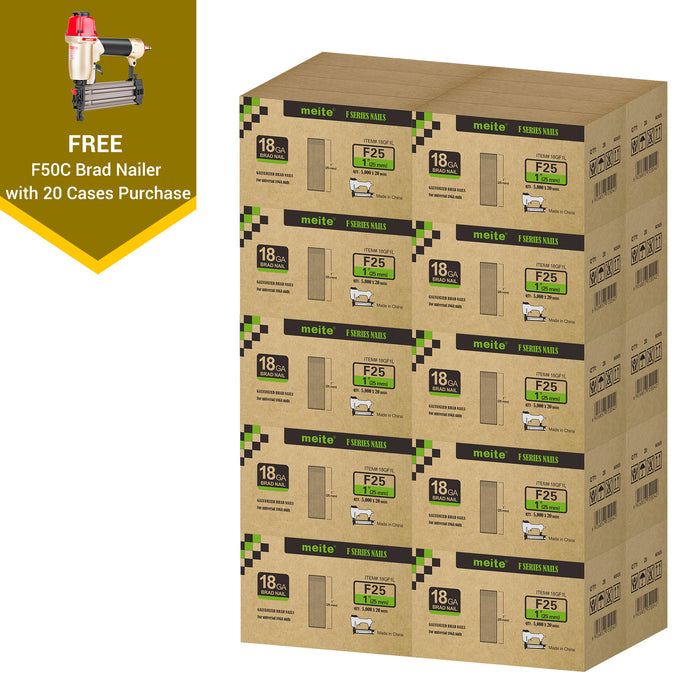 Meite USA 18 gauge 1 inch length brad nails, 20 cases at 8 boxes per case, displayed with one included 18 gauge brad nailer on a white background