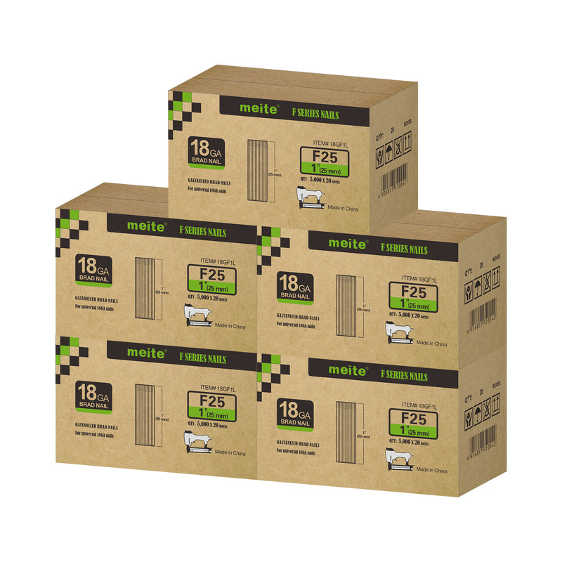 Meite USA 18 gauge 1 inch length brad nails, 5 cases at 20 boxes per case, displayed on a white background
