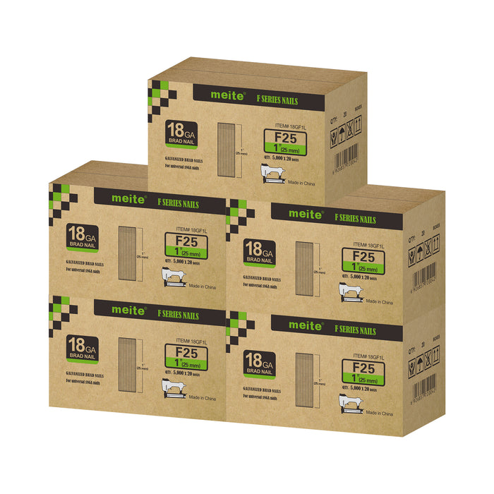 Meite USA 18 gauge 1 inch length brad nails, 5 cases at 20 boxes per case, displayed on a white background