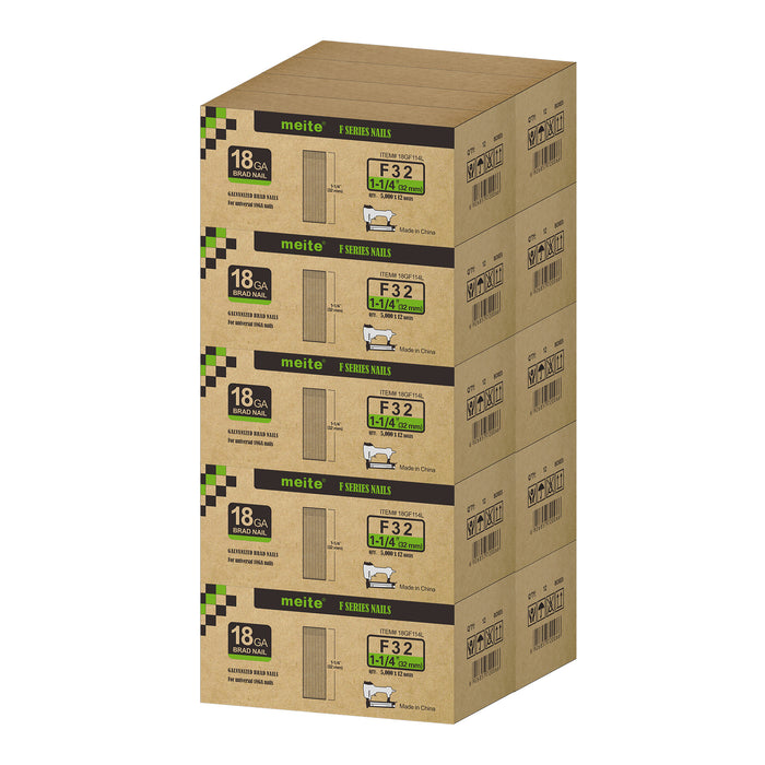 Meite USA 18 gauge 1 1/4 inch length brad nails, 10 cases at 12 boxes per case, displayed on a white background