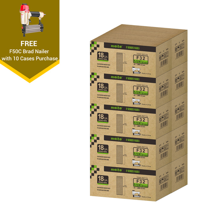Meite USA 18 gauge 1-1/4 inch length brad nails, 10 cases at 12 boxes per case, displayed with one included 18 gauge brad nailers on a white background