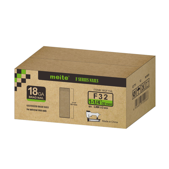 Meite USA 18 gauge 1-1/4 inch length brad nails case at 12 box per case displayed on a white background