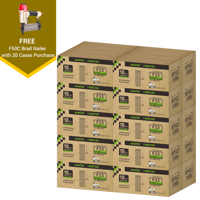 Meite USA 18 gauge 1 1/4 inch length brad nails, 20 cases at 12 boxes per case, displayed with one included 18 gauge brad nailer on a white background