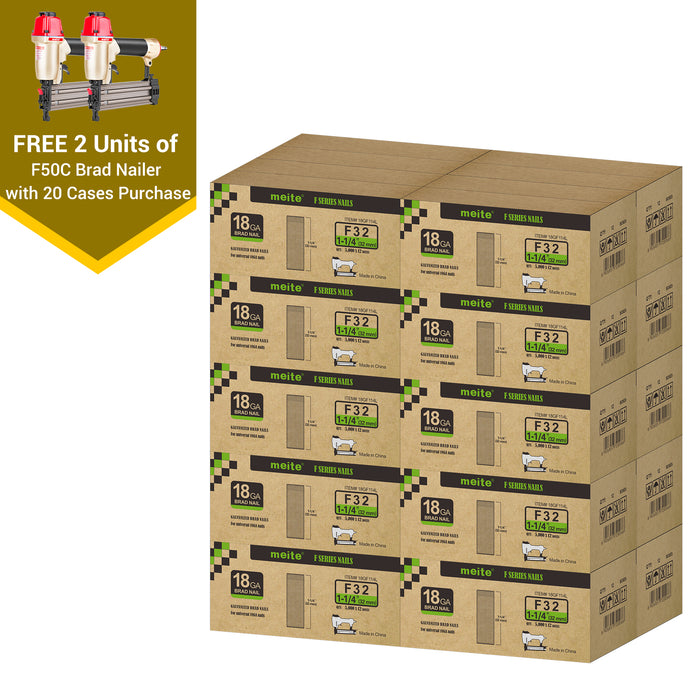 Meite USA 18 gauge 1-1/4 inch length brad nails, 20 cases at 12 boxes per case, displayed with two included 18 gauge brad nailers on a white background