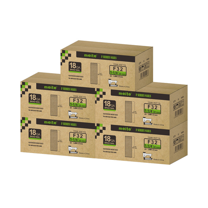 Meite USA 18 gauge 1-1/4 inch length brad nails, 5 cases at 12 boxes per case, displayed on a white background