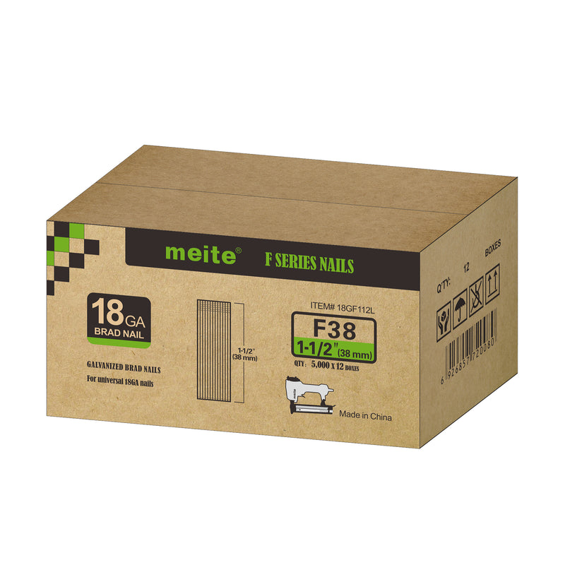 Meite USA 18 gauge 1-1/2 inch length brad nails case at 12 box per case displayed on a white background