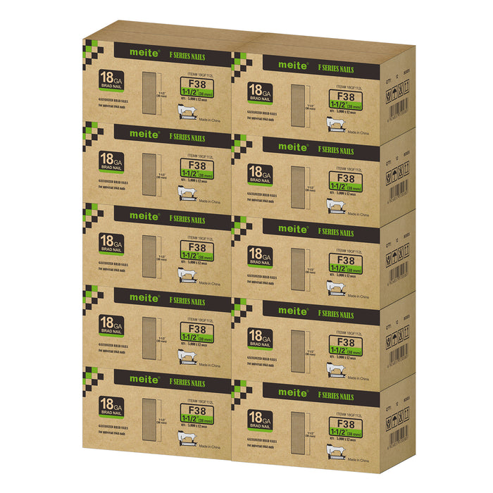 Meite USA 18 gauge 1 1/2 inch length brad nails, 10 cases at 12 boxes per case, displayed on a white background