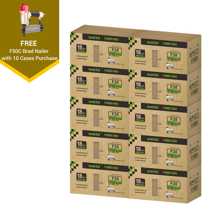 Meite USA 18 gauge 1-1/2 inch length brad nails, 10 cases at 12 boxes per case, displayed with one included 18 gauge brad nailers on a white background