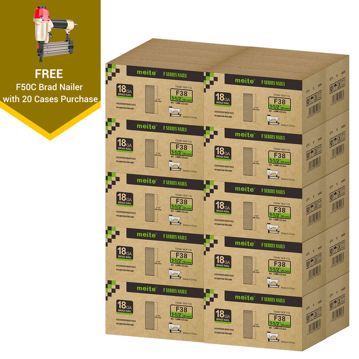 Meite USA 18 gauge 1 1/2 inch length brad nails, 20 cases at 12 boxes per case, displayed with one included 18 gauge brad nailer on a white background