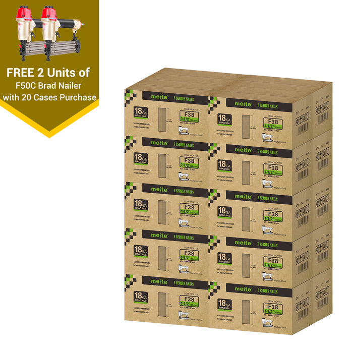 Meite USA 18 gauge 1-1/2 inch length brad nails, 20 cases at 12 boxes per case, displayed with two included 18 gauge brad nailers on a white background