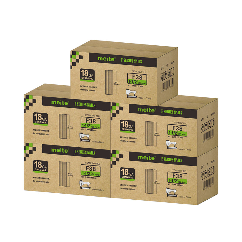 Meite USA 18 gauge 1-1/2 inch length brad nails, 5 cases at 12 boxes per case, displayed on a white background