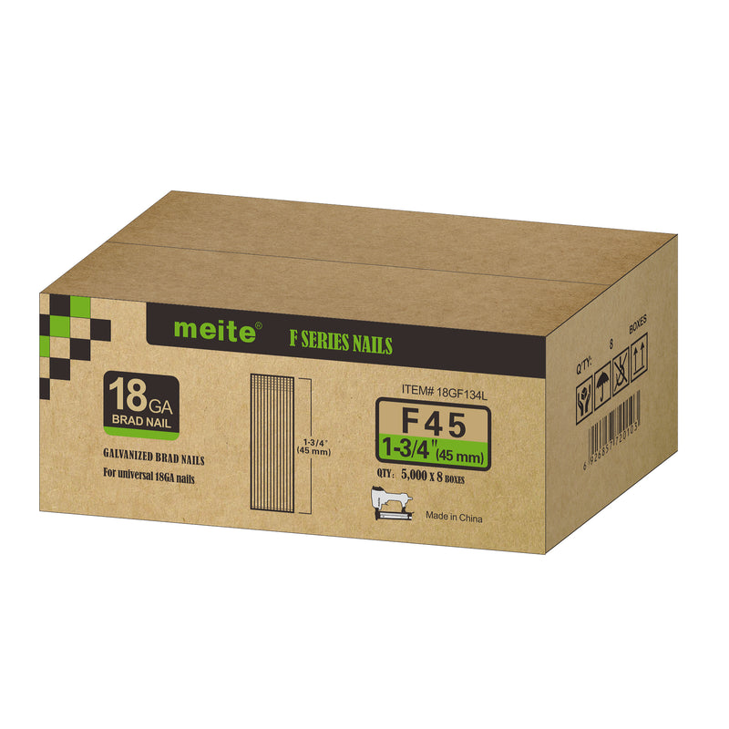 Meite USA 18 gauge 1-3/4 inch length brad nails case at 8 box per case displayed on a white background