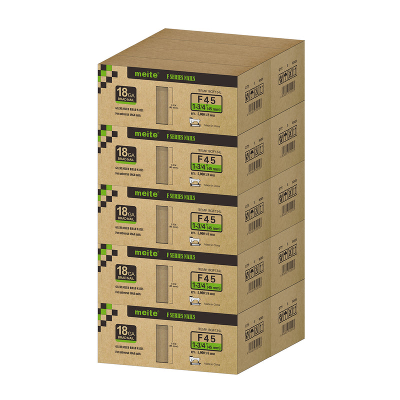 Meite USA 18 gauge 1 3/4 inch length brad nails, 10 cases at 8 boxes per case, displayed on a white background