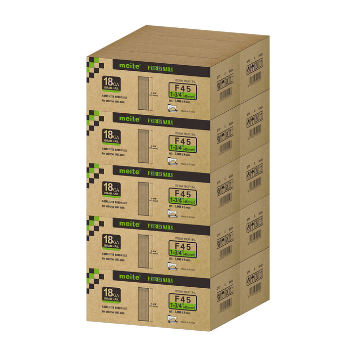 Meite USA 18 gauge 1 3/4 inch length brad nails, 10 cases at 8 boxes per case, displayed on a white background