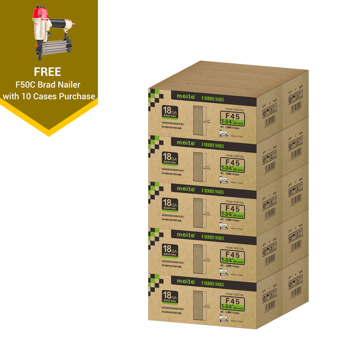 Meite USA 18 gauge 1-3/4 inch length brad nails, 10 cases at 8 boxes per case, displayed with one included 18 gauge brad nailers on a white background