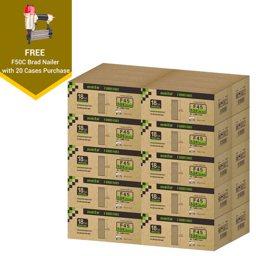 Meite USA 18 gauge 1 3/4 inch length brad nails, 20 cases at 8 boxes per case, displayed with one included 18 gauge brad nailer on a white background