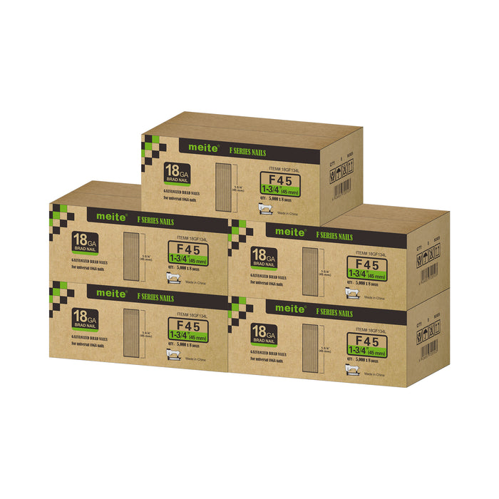 Meite USA 18 gauge 1-3/4 inch length brad nails, 5 cases at 8 boxes per case, displayed on a white background