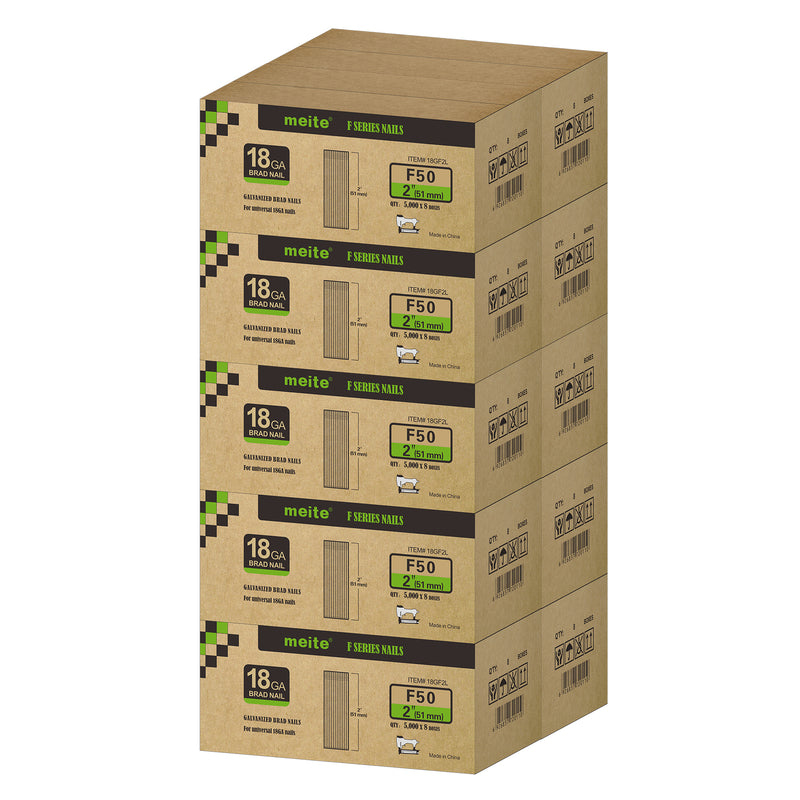 Meite USA 18 gauge 2 inch length brad nails, 10 cases at 8 boxes per case, displayed on a white background