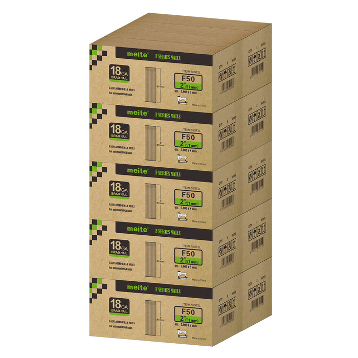 Meite USA 18 gauge 2 inch length brad nails, 10 cases at 8 boxes per case, displayed on a white background