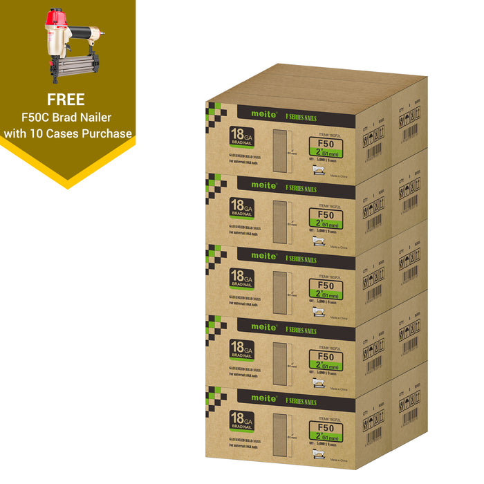 Meite USA 18 gauge 2 inch length brad nails, 10 cases at 8 boxes per case, displayed with one included 18 gauge brad nailers on a white background