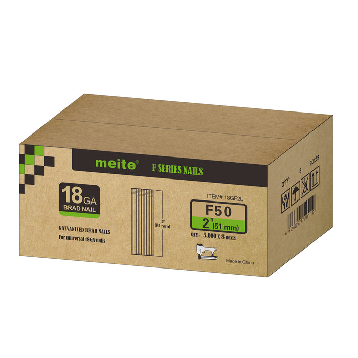 Meite USA 18 gauge 2 inch length brad nails case at 8 box per case displayed on a white background