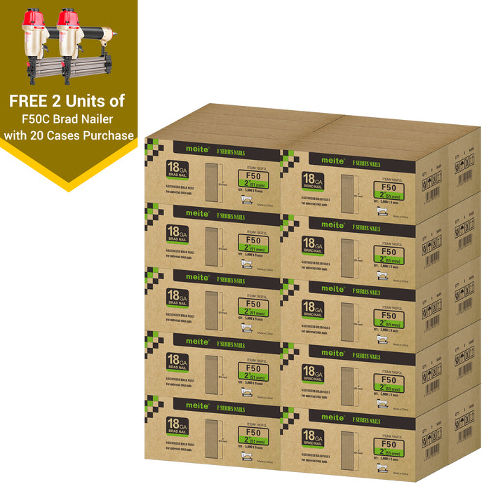 Meite USA 18 gauge 2 inch length brad nails, 20 cases at 8 boxes per case, displayed with two included 18 gauge brad nailers on a white background