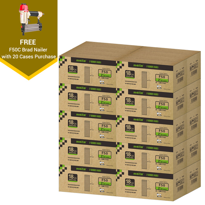 Meite USA 18 gauge 2 inch length brad nails, 20 cases at 8 boxes per case, displayed with one included 18 gauge brad nailer on a white background
