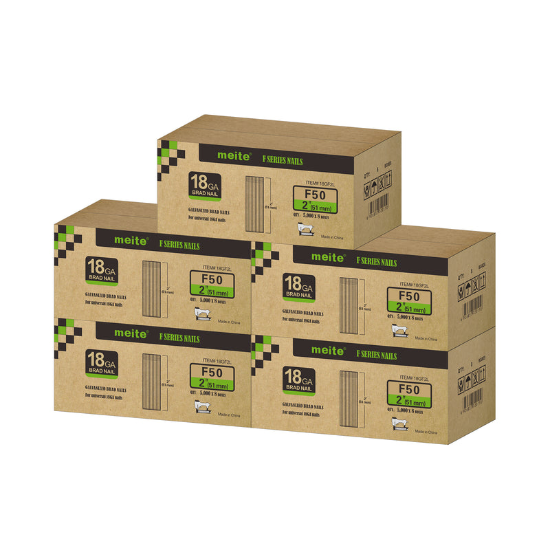 Meite USA 18 gauge 2 inch length brad nails, 5 cases at 8 boxes per case, displayed on a white background