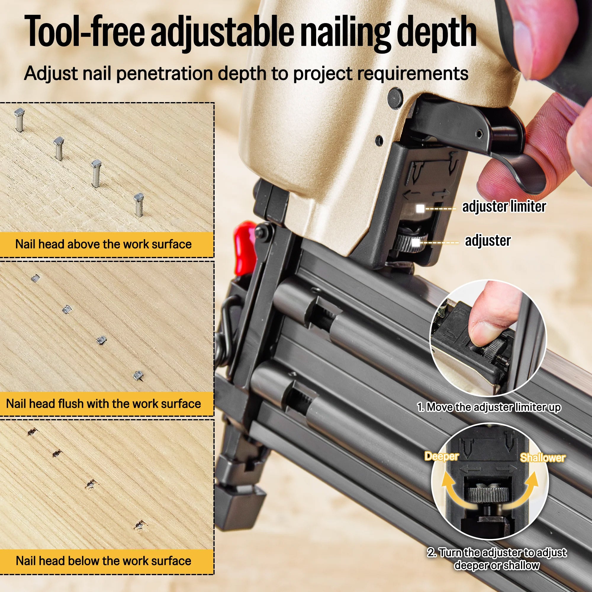 brad nailer depth adjustment dial setting flush nail head wood surface