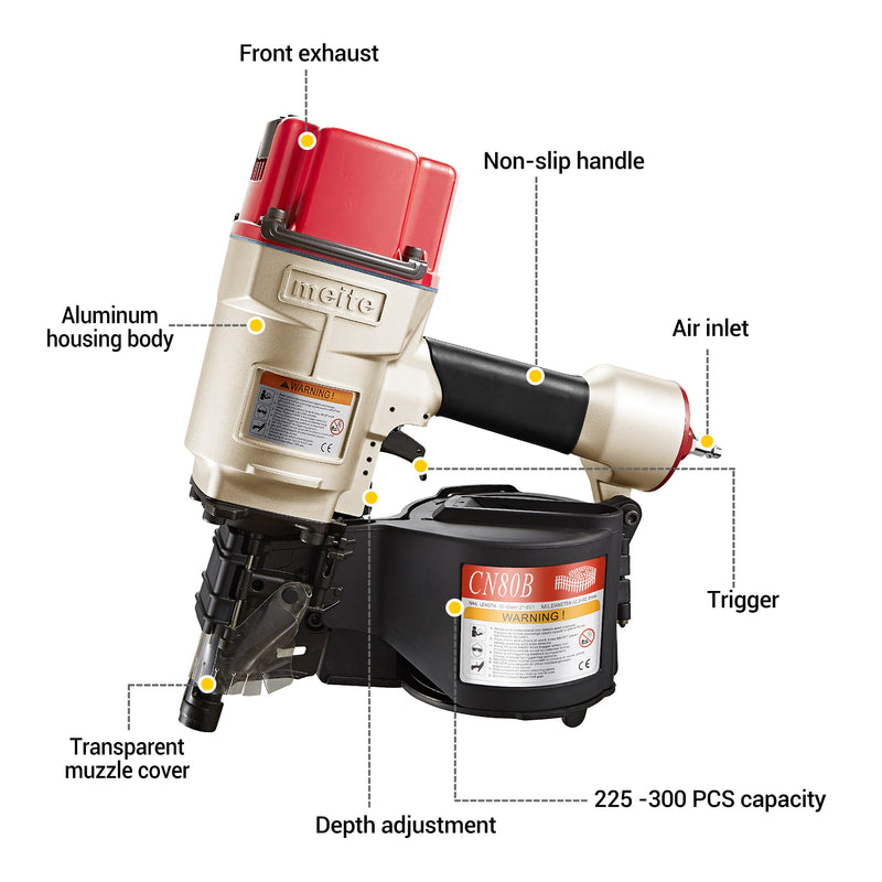 Features of meite USA CN80B Coil Pallet Nailer, like front exhaust, bump-fire trigger, non-slip handle, etc.