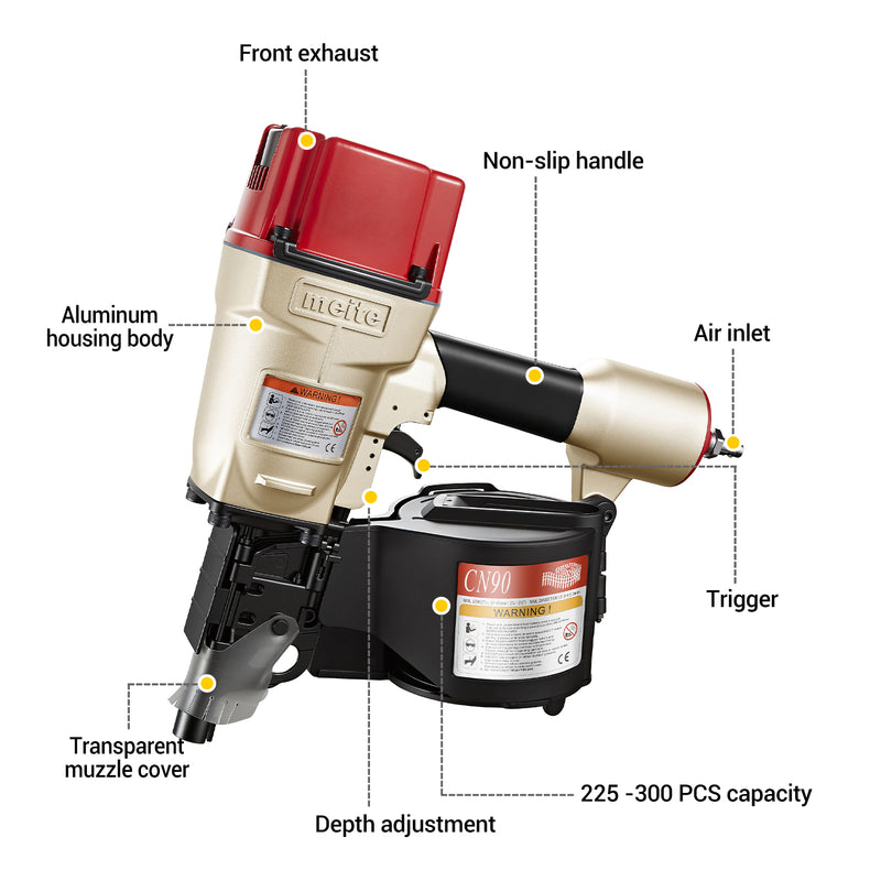 Features of meite USA CN90 Coil Pallet Nailer, like front exhaust, non-slip handle, etc.
