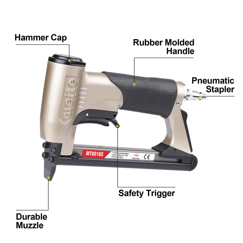 Features diagram of meite USA MT8016 S 21 gauge 1/2'' crown upholstery stapler highlighting key parts such as hammer cap, rubber handle, metal muzzle, safety trigger