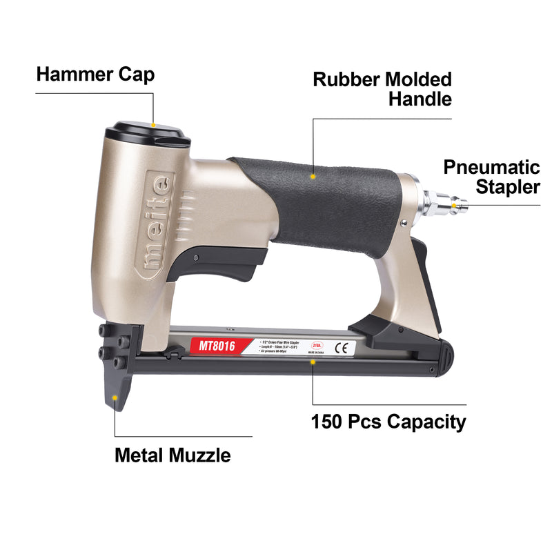 Features diagram of meite USA MT8016 21 gauge 1/2'' crown upholstery stapler highlighting key parts such as hammer cap, rubber handle, metal muzzle, large capacity