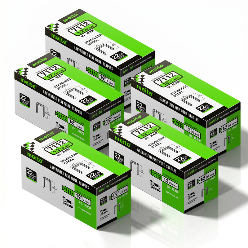 Five boxes of meite USA 22Ga 3/8 inch crown 1/2'' length 304 stainless steel upholstery staples with 10020 pieces per box, displayed on a white background