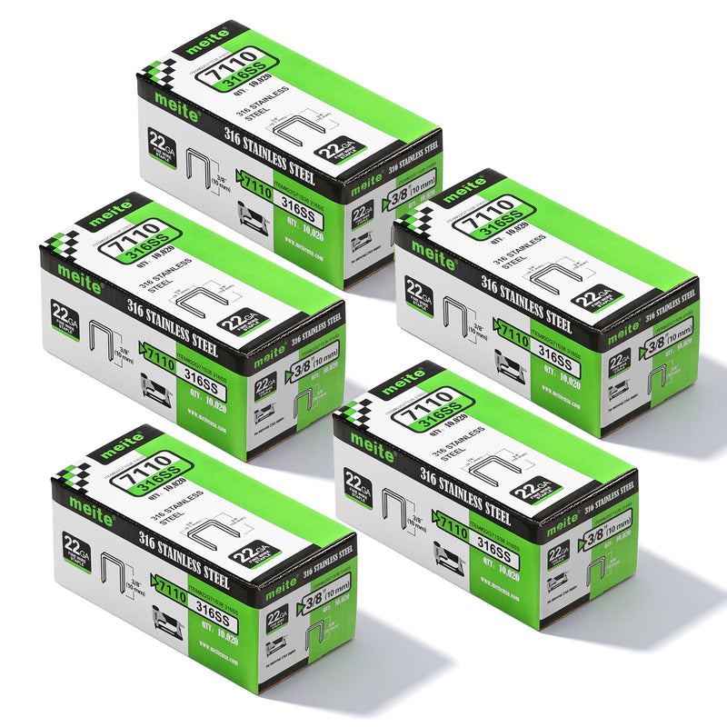 Five boxes of meite USA 22Ga 3/8 inch crown 3/8'' length 316 stainless steel upholstery staples with 10020 pieces per box, displayed on a white background