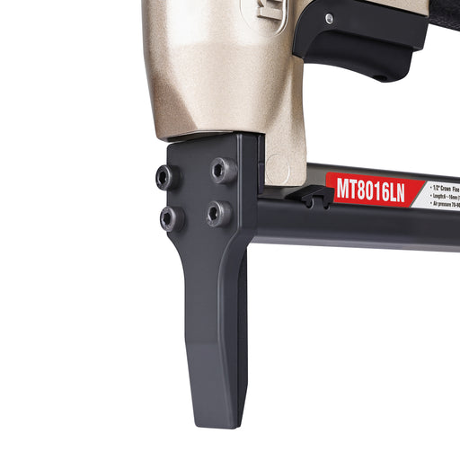 Detailed view of meite USA MT8016LN 21 gauge 1/2'' crown pneumatic upholstery stapler showing long thin muzzle and trigger for stapling work