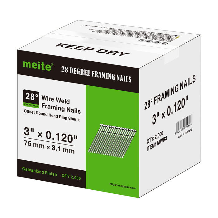 Meite USA 28-degree 3 inch length ring shank framing nails box displayed on a white background