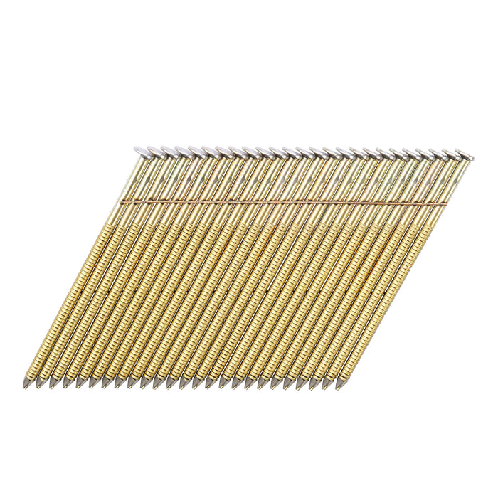Meite USA 28-degree offset round head 3 inch length ring shank framing nails displayed in a single angled strip on a white background